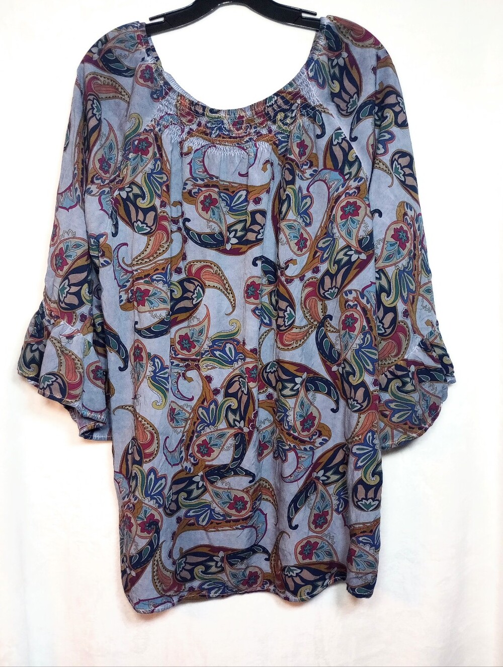 Bohemian Multicolor Paisley Scoop Neck 3/4 Bell Sleeve Flowy Cottagecore Blouse